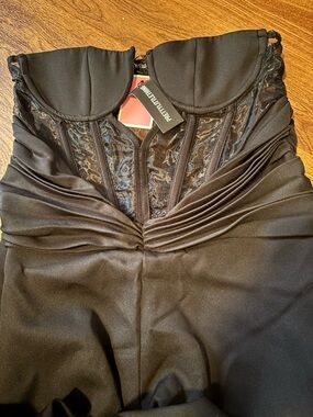 PrettyLittleThing Black Strapless Lace-Panel Corset Jumpsuit